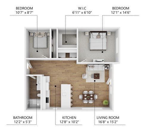 Floor plan for 2 beds, 1 bath, 864 sqft